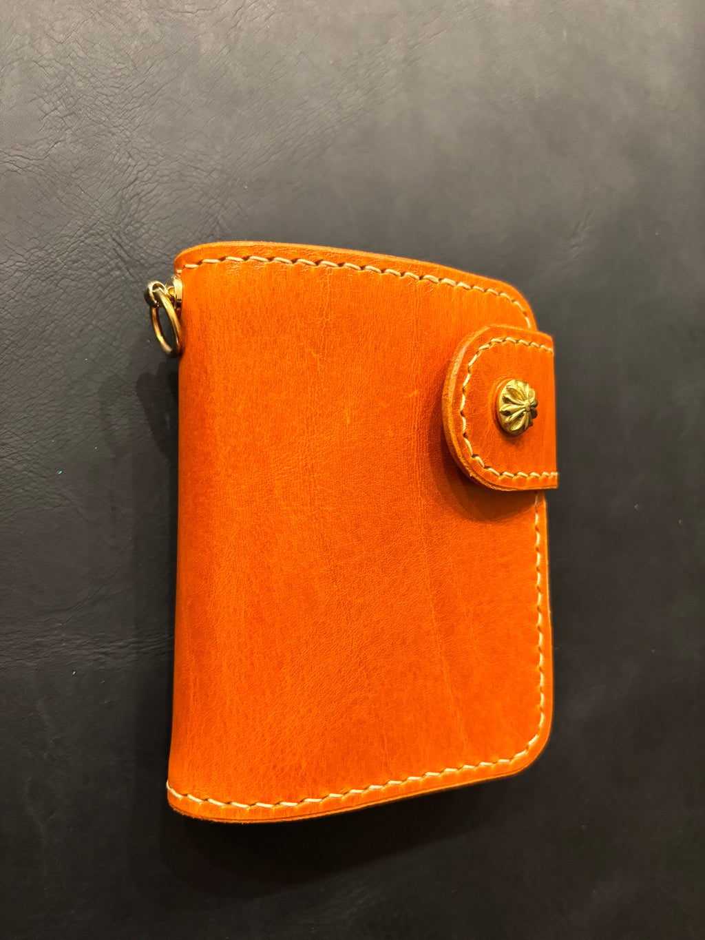 Handcrafted Biker wallet made using Gaucho Oil Orange Vegetable Tanned Leather