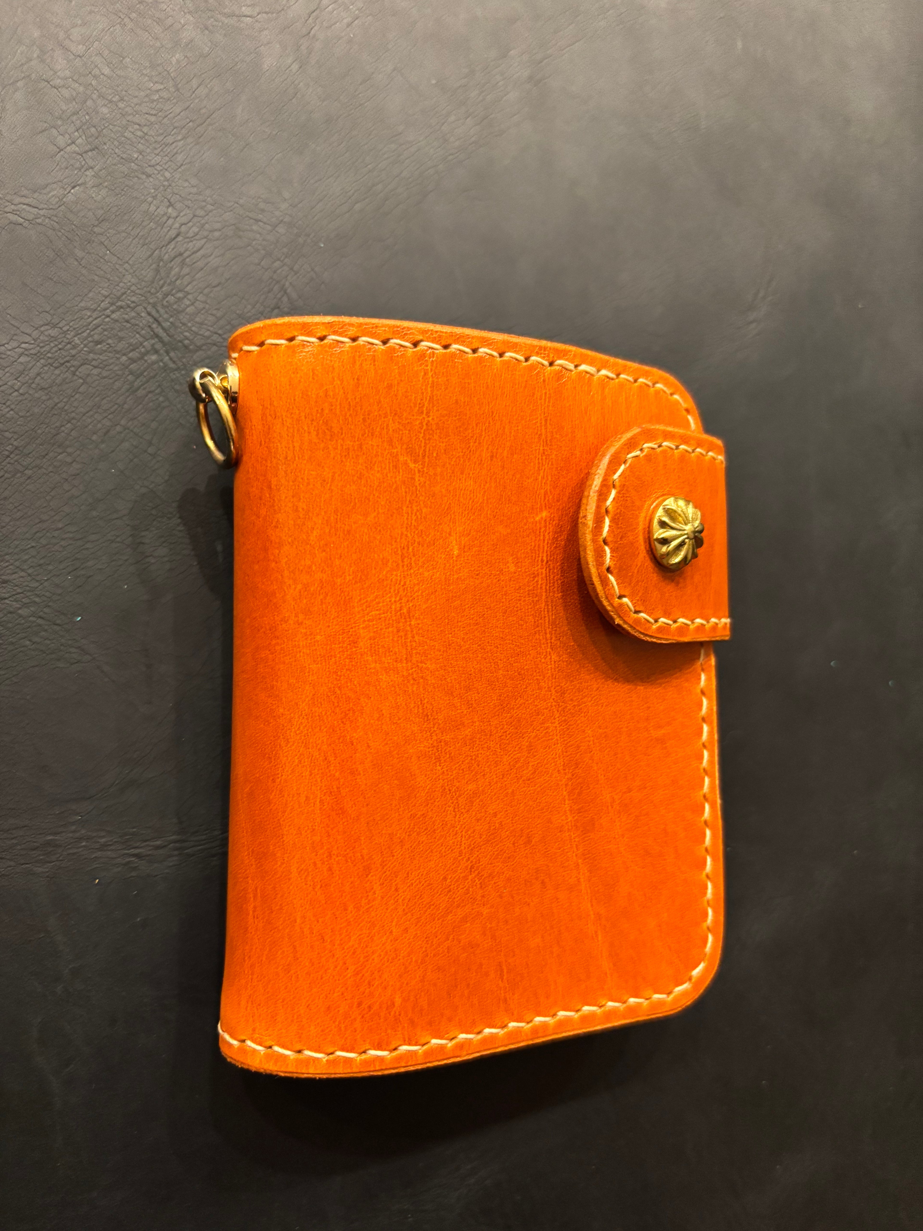 Handcrafted Biker wallet made using Gaucho Oil Orange Vegetable Tanned Leather