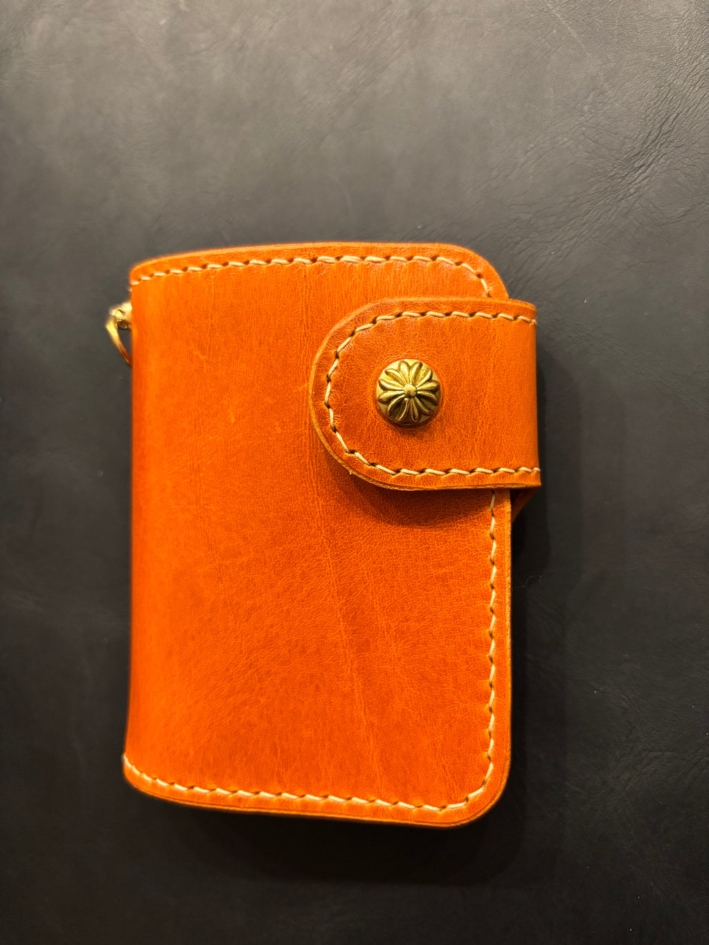 Handcrafted Biker wallet made using Gaucho Oil Orange Vegetable Tanned Leather
