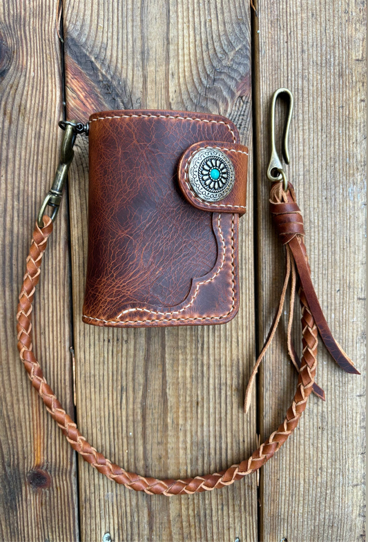 Handmade Biker Wallet, Leather Biker Wallet With Coin purse, Concho Wallet, Leather Chain Wallet handcrafted using Italian Waxy Leather