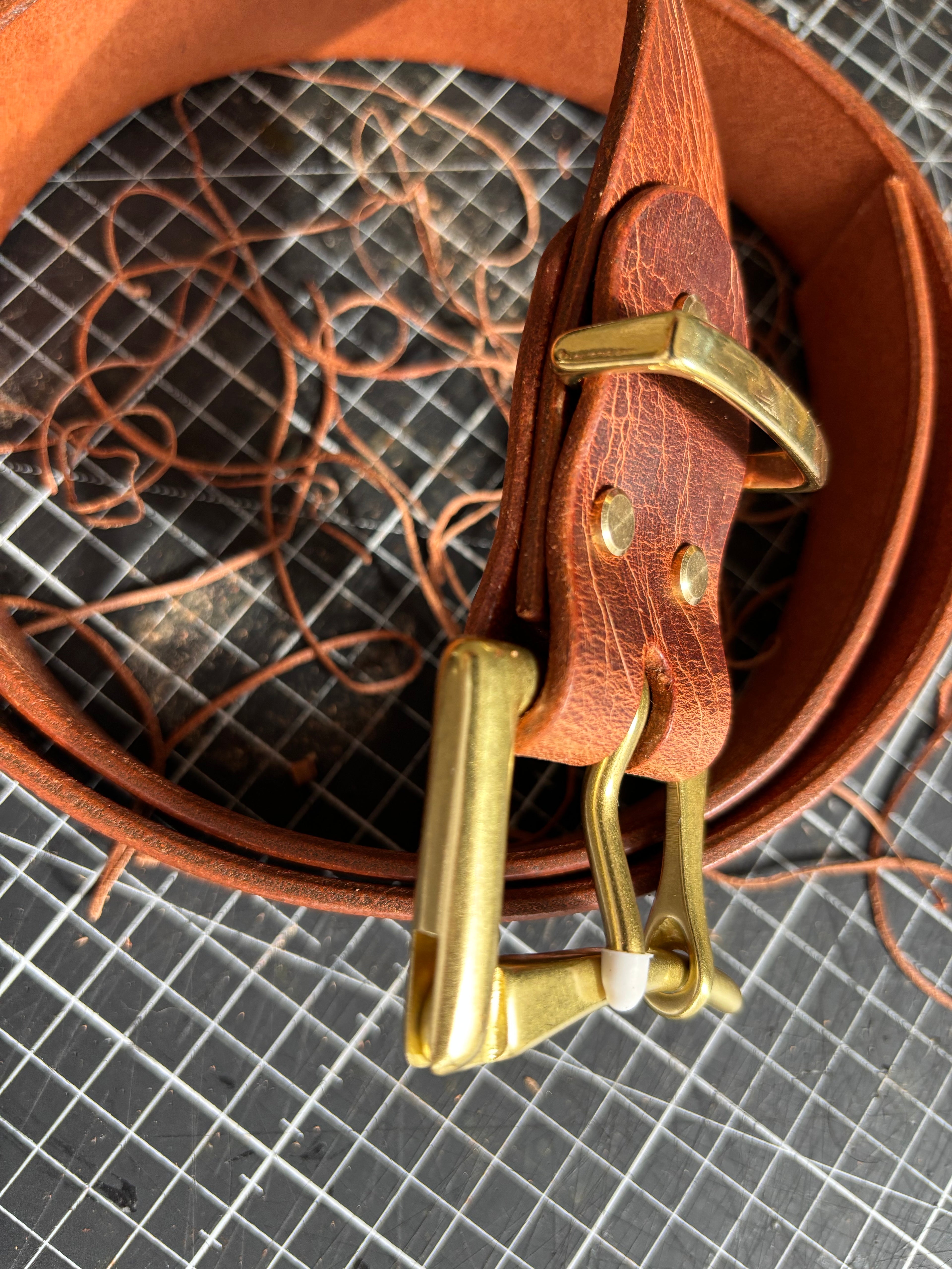 Leather Belt with Solid Brass Fireman Style Quick Release with Matching Brass Belt Keep