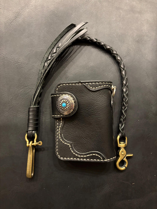 Biker wallet handcrafted using highest quality Black Waxy Vegetable Tanned Leather