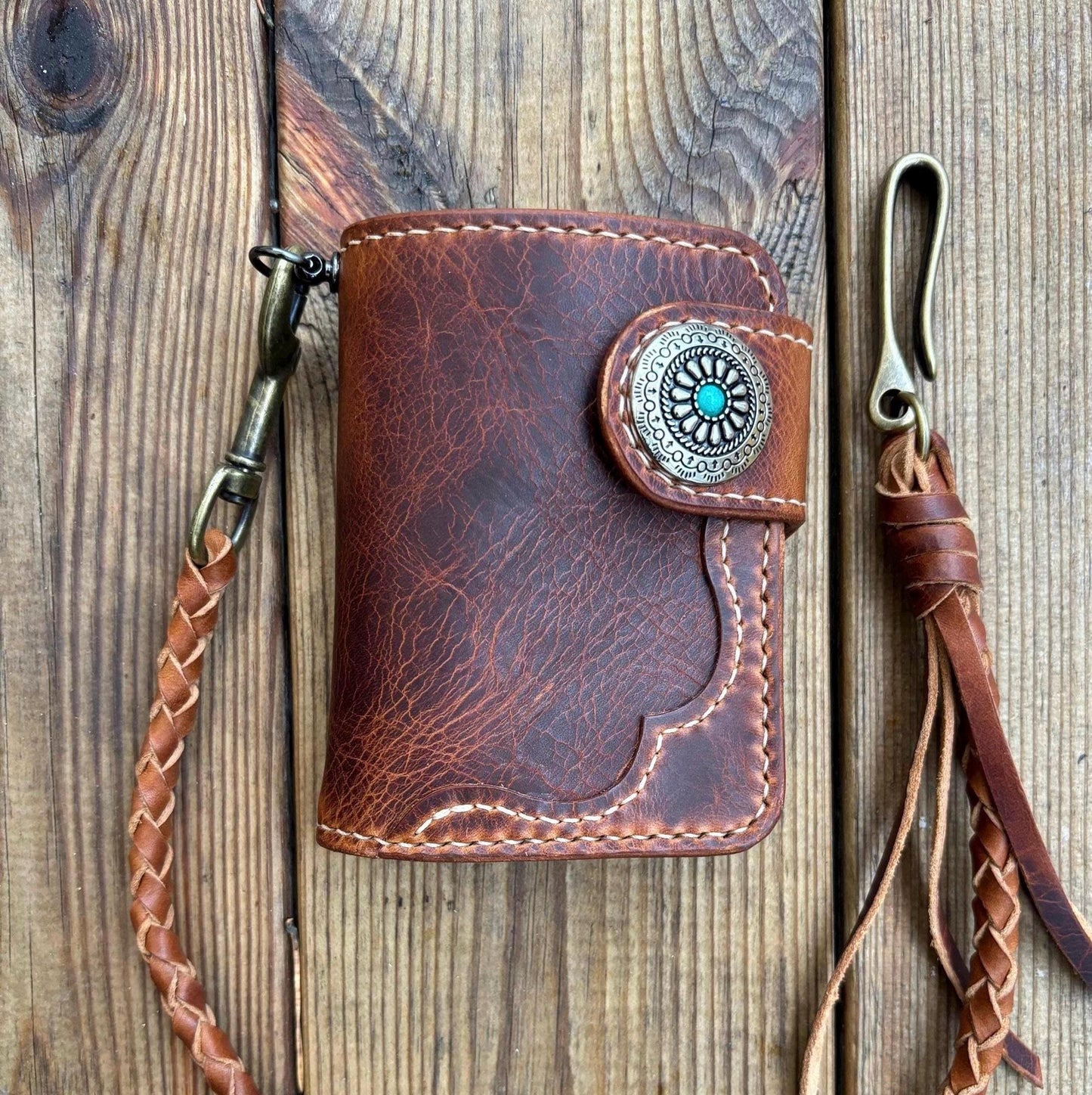 Handmade Biker Wallet, Leather Biker Wallet With Coin purse, Concho Wallet, Leather Chain Wallet handcrafted using Italian Waxy Leather