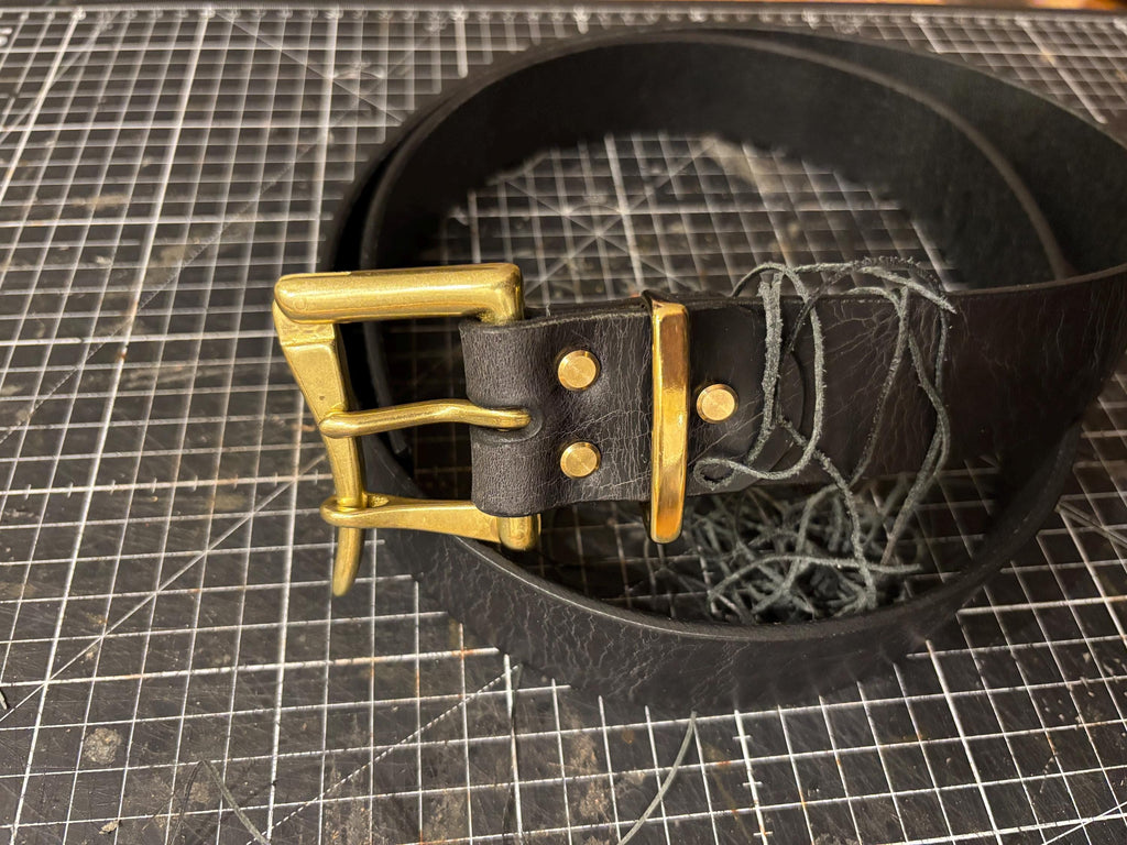 Leather Belt with Solid Brass Fireman Style Quick Release with Matching Brass Belt Keep