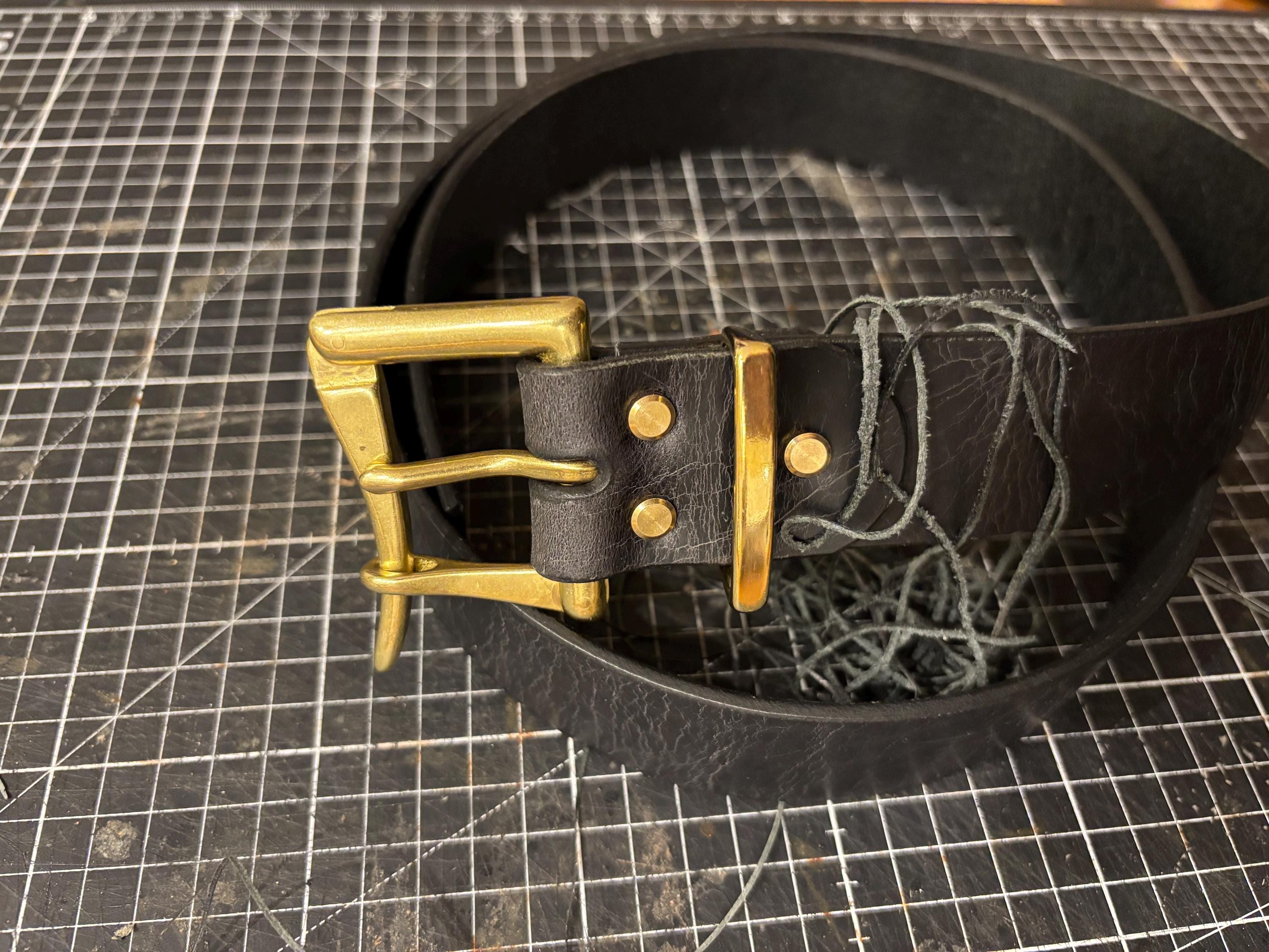 Leather Belt with Solid Brass Fireman Style Quick Release with Matching Brass Belt Keep